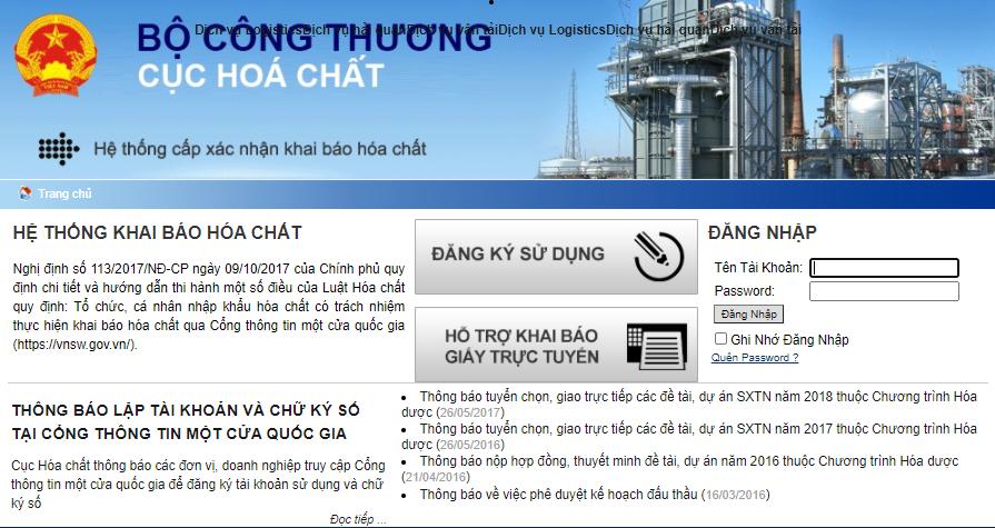 Khai báo hóa chất qua mạng